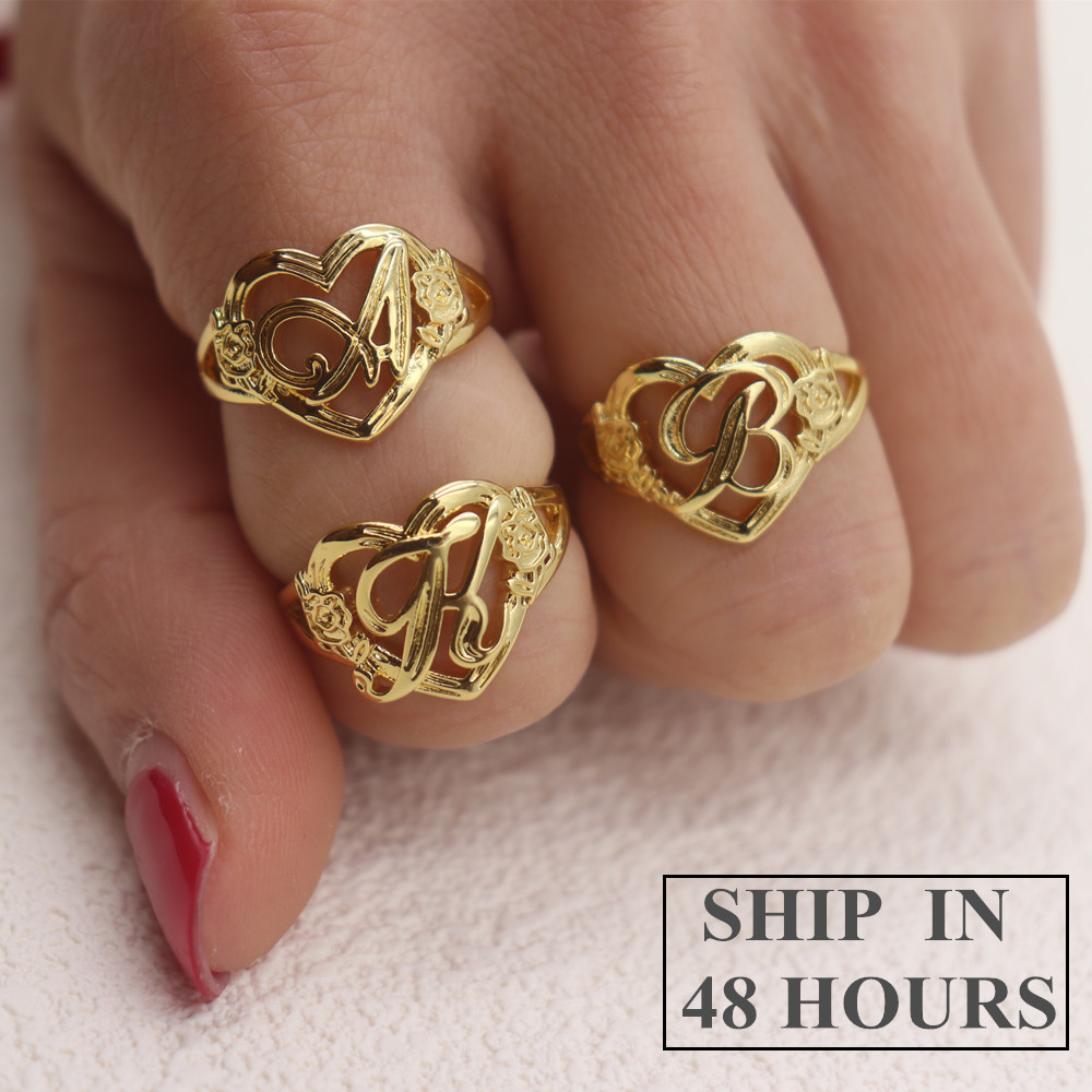 Initial Ring Custom - Gold Personalized Initials Heart Adjustable Ring