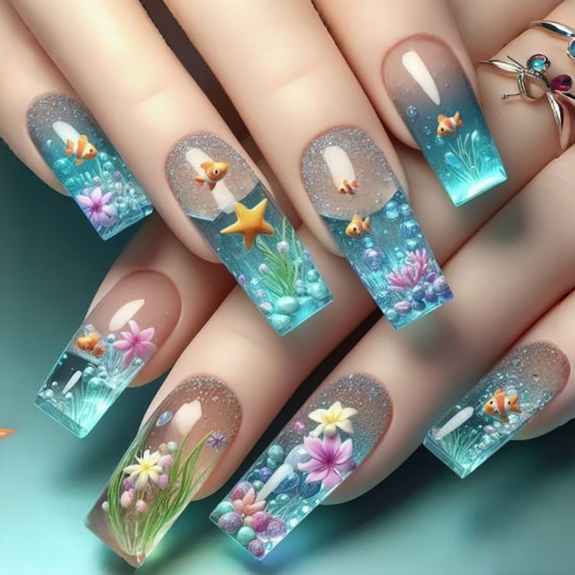 Pressed Flower Art - 24pcs/set Medium long fake nails Gradient