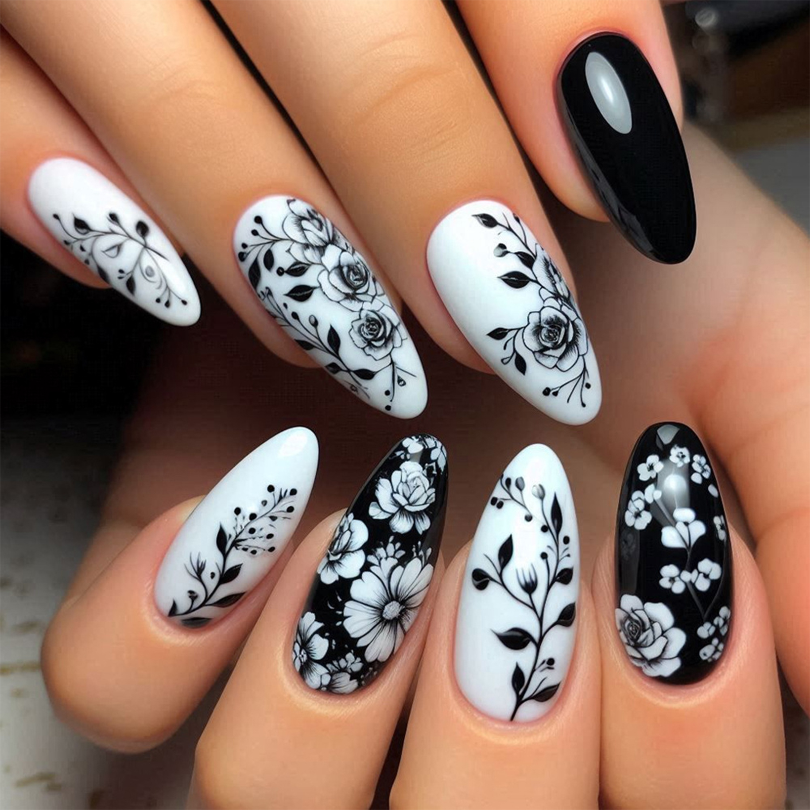 24Pcs Almond Fake Nails Black/ – Pressed Flower Art Bewertung und Preis