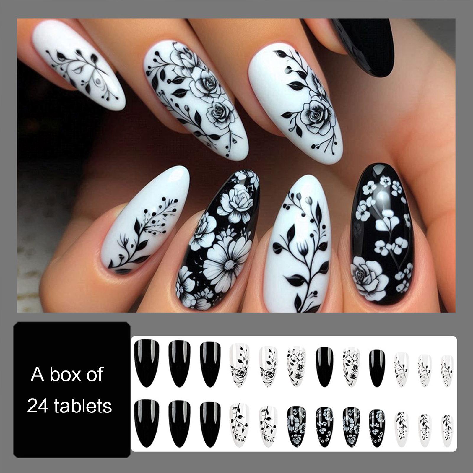24Pcs Almond Fake Nails Black/ – Pressed Flower Art Bewertung und Preis
